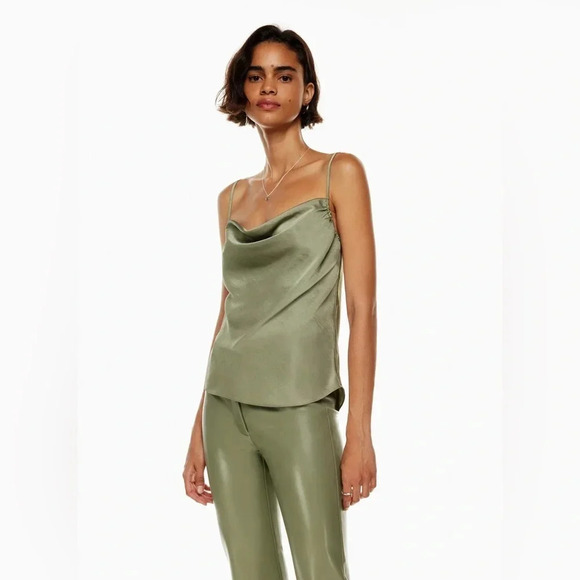 WILFRED - Aritzia Allusion Green Silky Satin Cowl Neck Camisole - Picture 1 of 11